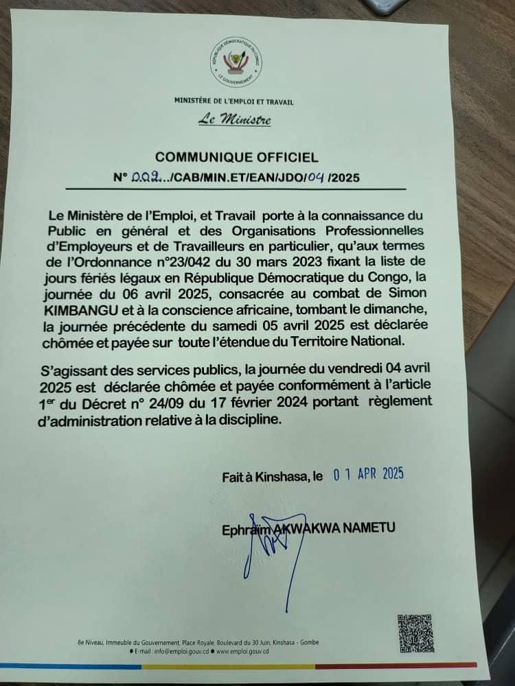 RDC: la journée du vendredi 4 avril 2025 déclarée chômée et payée pour les services publics
