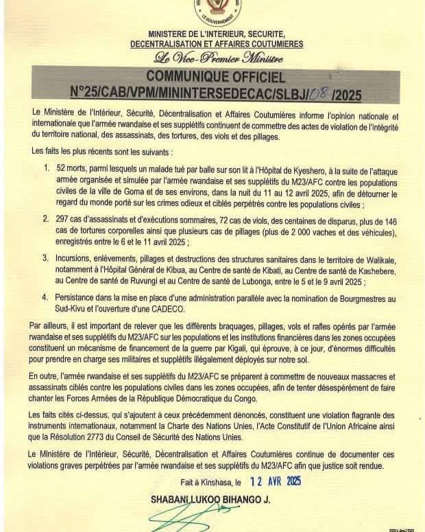 AGRESSION RWANDAISE: &quot;LES BRAQUAGES OPERES PAR LES M23-AFC, MÉCANISME DE FINANCEMENT DE LA GUERRE PAR KIGALI&quot; (COMMUNIQUÉ)