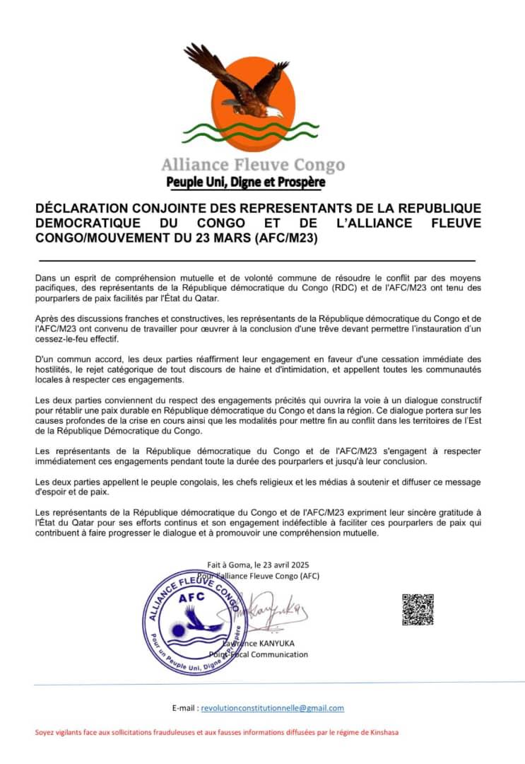 RDC : KINSHASA ET l’AFC/M23 CONVIENNENT DE  TRAVAILLER À UNE TRÊVE LORS DES POURPARLERS