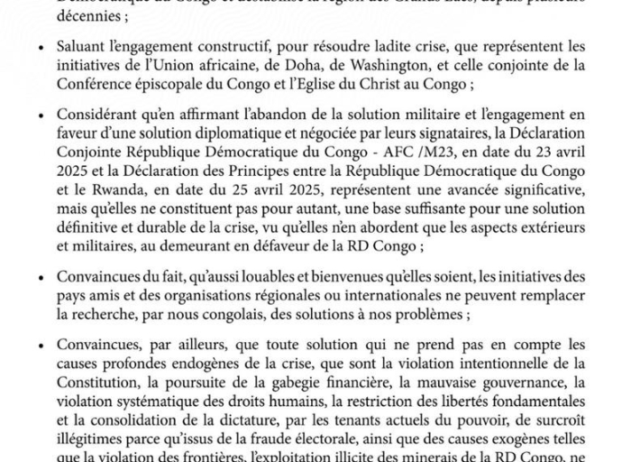 RDC : DANS UNE DÉCLARATION COMMUNE, L'OPPOSITION PLAIDE POUR LE DIALOGUE INCLUSIF