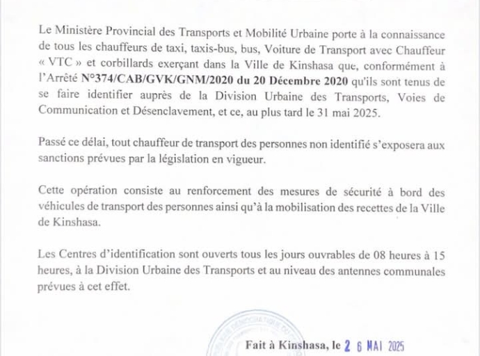 KINSHASA : IDENTIFICATION OBLIGATOIRE DE CHAUFFEURS DE TAXIS, TAXIS-BUS ET CORBILLARDS JUSQU'AU 31 MAI