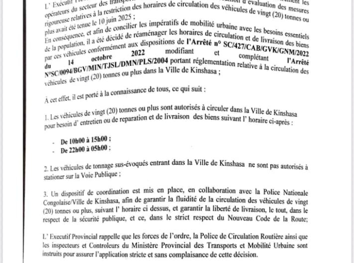 KINSHASA : VOICI LES NOUVEAUX HORAIRES RÉAMÉNAGÉS POUR LES CAMIONS DE 20 TONNES OU PLUS