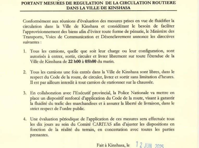 CIRCULATION DES POIDS LOURDS A KINSHASA : MUKOKO SAMBA ASSOUPLIT LES MESURES PRISES PAR L'HÔTEL DE VILLE