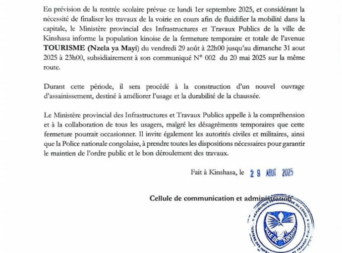 KINSHASA : FERMETURE TEMPORAIRE DE L'AVENUE TOURISME POUR LES TRAVAUX DE RÉHABILITATION