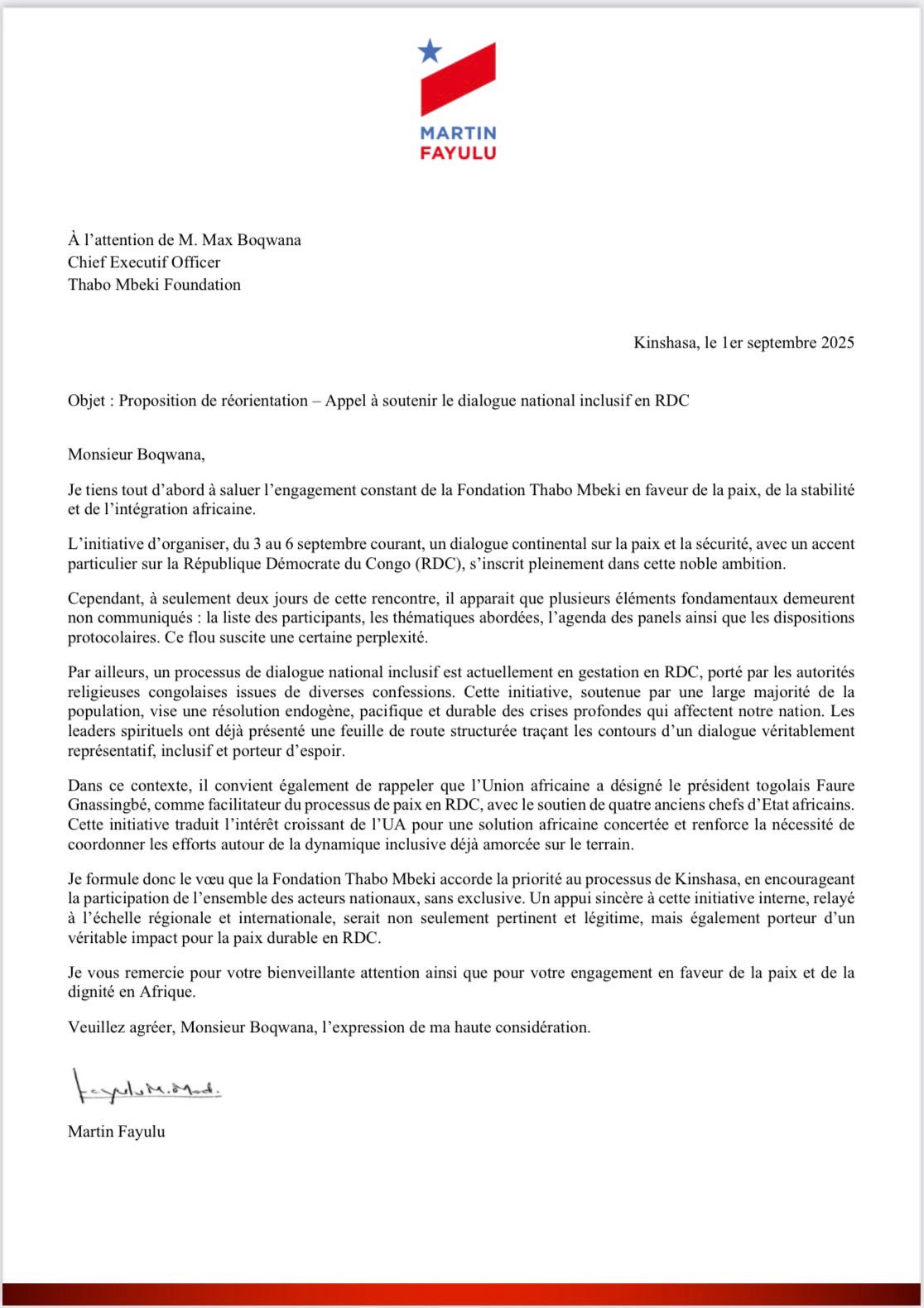 RDC: MARTIN FAYULU APPELLE LA FONDATION TABU MBEKI A SOUTENIR LE DIALOGUE NATIONAL INCLUSIF