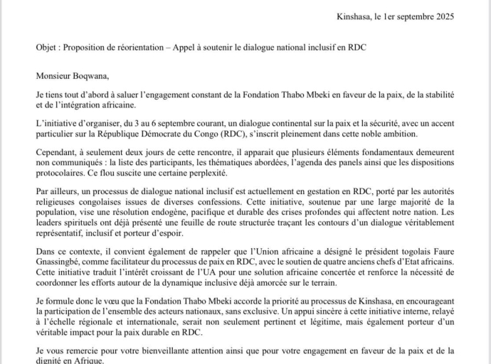 RDC: MARTIN FAYULU APPELLE LA FONDATION TABU MBEKI A SOUTENIR LE DIALOGUE NATIONAL INCLUSIF