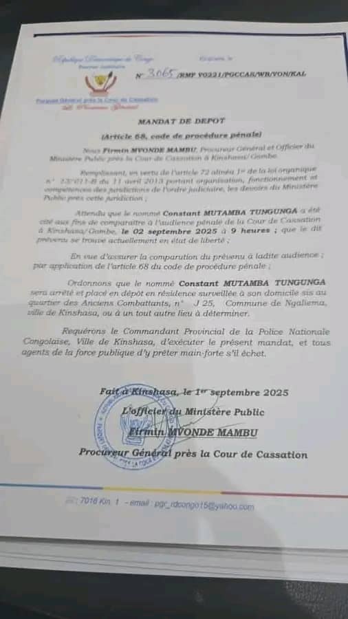 RDC: MANDAT DE DÉPÔT CONTRE CONSTANT MUTAMBA