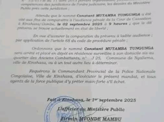 RDC: MANDAT DE DÉPÔT CONTRE CONSTANT MUTAMBA
