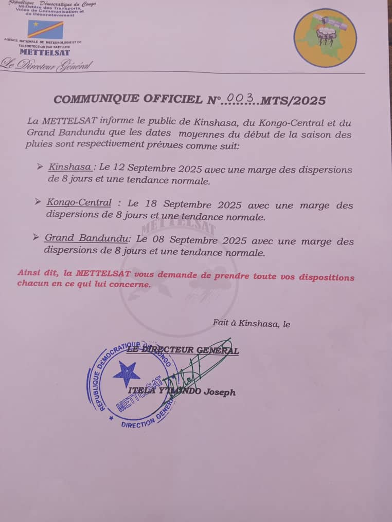 RDC : LA METTELSAT ANNONCE LES DATES PREVISIONNELLES DU DEBUT DE LA SAISON DES PLUIES POUR KINSHASA, LE KONGO-CENTRAL ET LE GRAND BANDUNDU