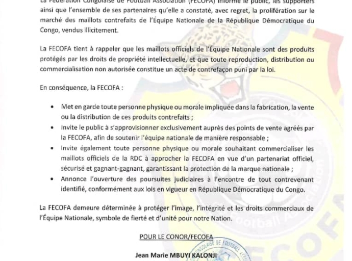 SPORT/RDC: La FECOFA DÉNONCE LA PROLIFÉRATION DE MAILLOTS CONTREFAITS ET ANNONCE DES POURSUITES