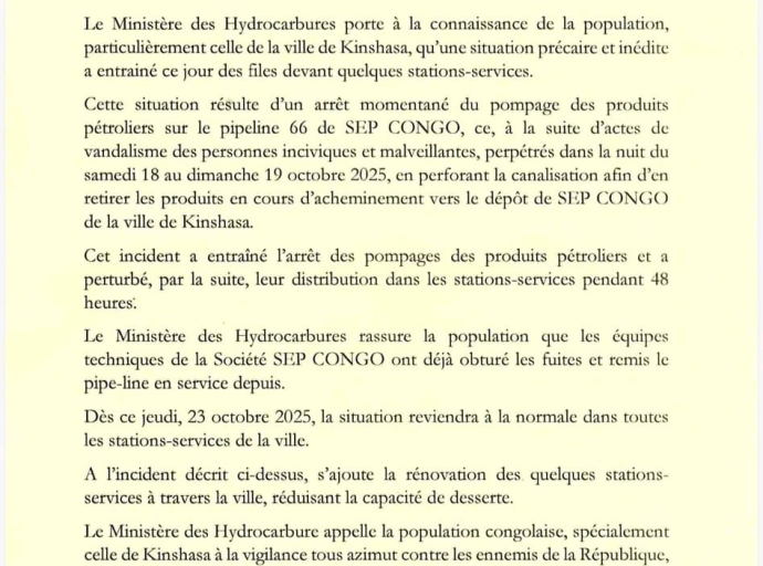 KINSHASA: PERTURBATION TEMPORAIRE DE L'APPROVISIONNEMENT EN CARBURANT