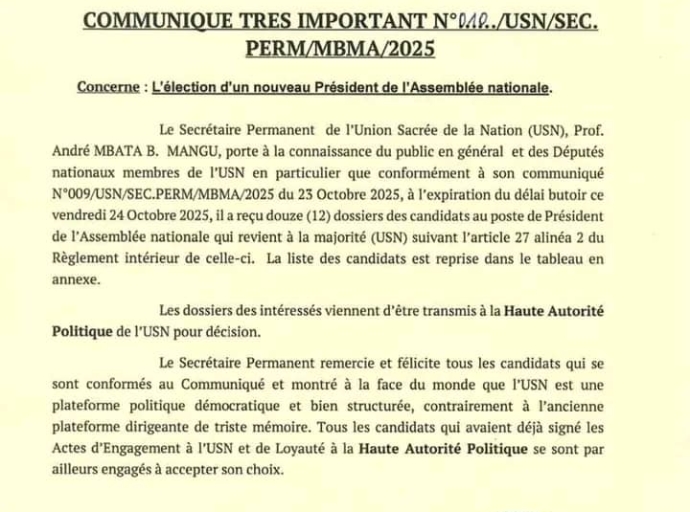 ÉLECTION DU PRÉSIDENT DE L'ASSEMBLÉE NATIONALE : 12 CANDIDATURES DÉPOSÉES AU SECRÉTARIAT PERMANENT DE L'UNION SACRÉE DE LA NATION