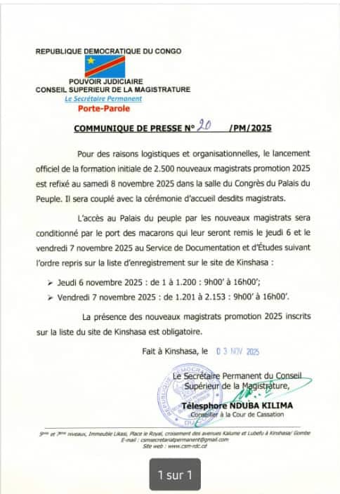 RDC : 2 500 NOUVEAUX MAGISTRATS SERONT EN FORMATION À PARTIR DU 8 NOVEMBRE (CSM)