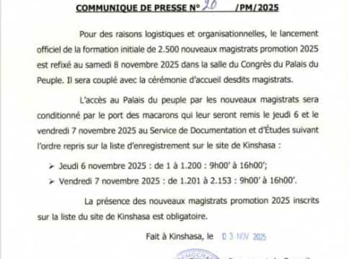 RDC : 2 500 NOUVEAUX MAGISTRATS SERONT EN FORMATION À PARTIR DU 8 NOVEMBRE (CSM)