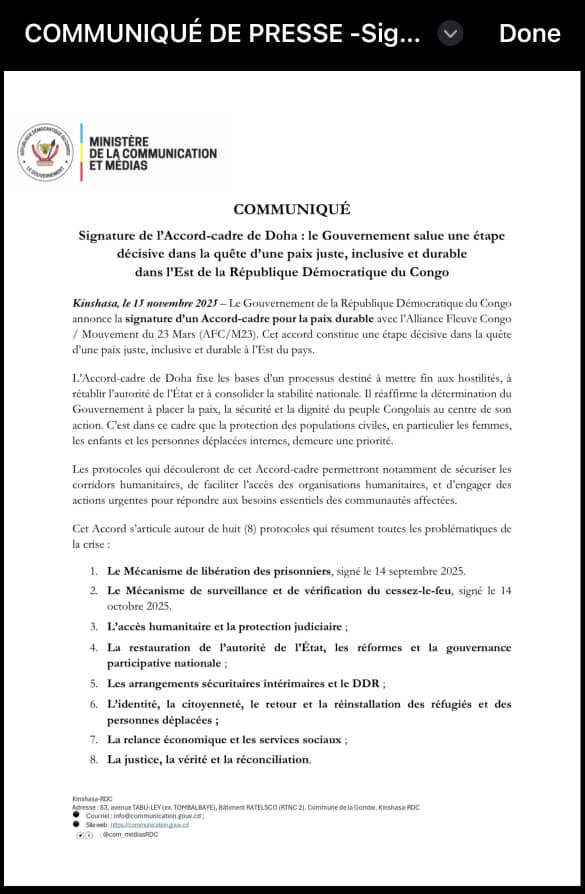 Accord-cadre de Doha : Kinshasa salue un tournant décisif vers une paix durable dans l’Est de la RDC