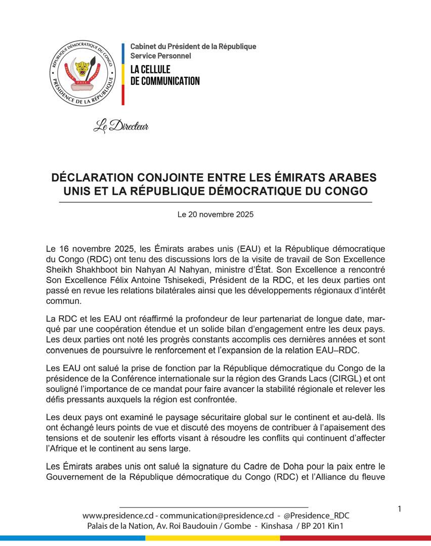 Kinshasa–Abu Dhabi : une alliance stratégique se renforce pour la paix et la sécurité régionales
