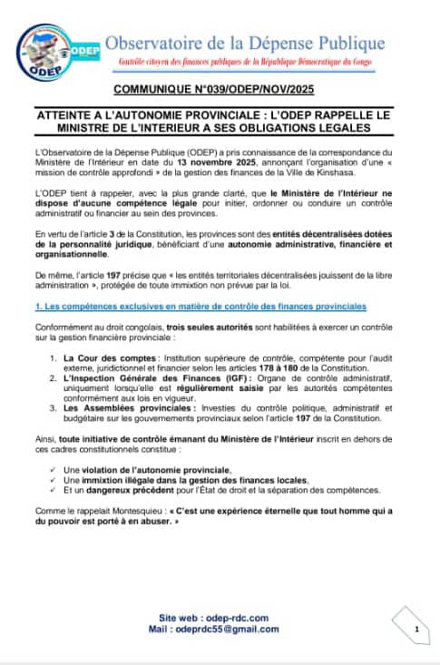 Kinshasa : l’ODEP dénonce une atteinte grave à l’autonomie provinciale