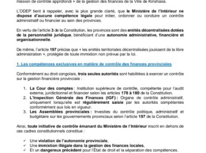 Kinshasa : l’ODEP dénonce une atteinte grave à l’autonomie provinciale