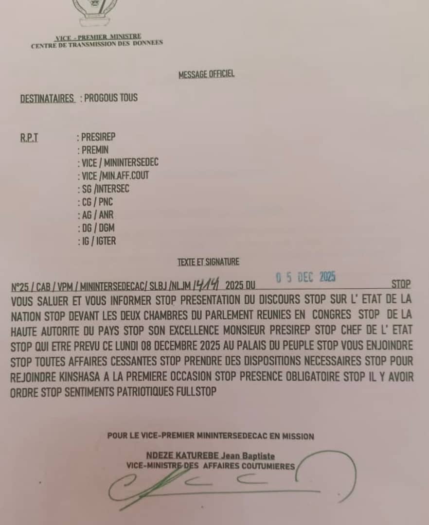 RDC : les gouverneurs de provinces rappelés à Kinshasa pour le discours annuel du Chef de l’État