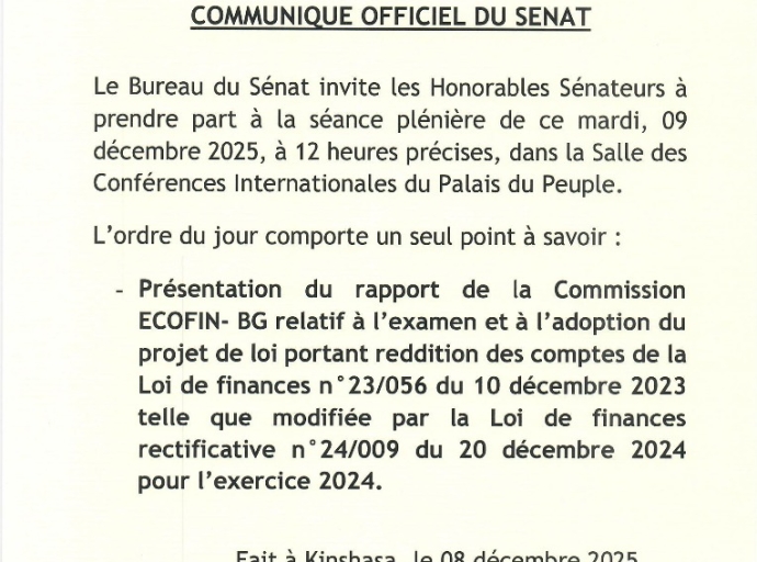 RDC : le Sénat convoque une plénière décisive sur la reddition des comptes de l’exercice 2024