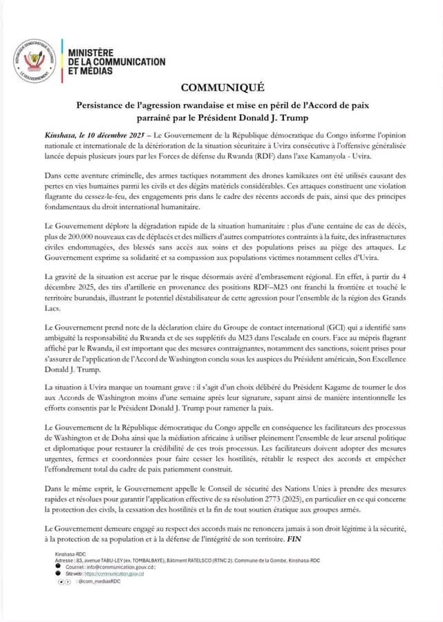 Uvira : Kinshasa accuse le Rwanda de violer l’accord de Washington