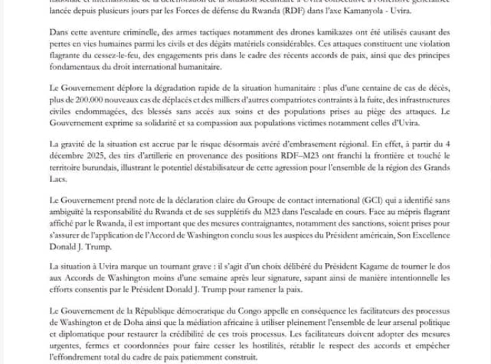 Uvira : Kinshasa accuse le Rwanda de violer l’accord de Washington