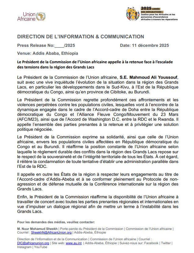 Affrontements FARDC-M23 : l'UA appelle à la retenue