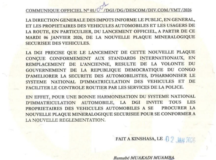 RDC : la DGI lance de nouvelles plaques d’immatriculation sécurisées dès le 6 janvier