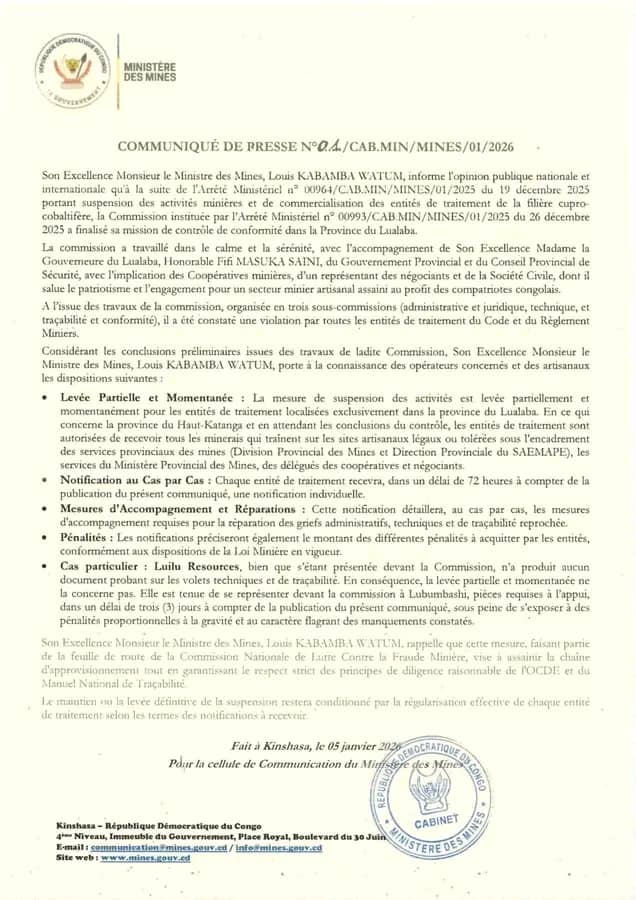 Mines : levée partielle de la suspension des entités de traitement au Lualaba