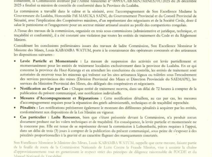Mines : levée partielle de la suspension des entités de traitement au Lualaba