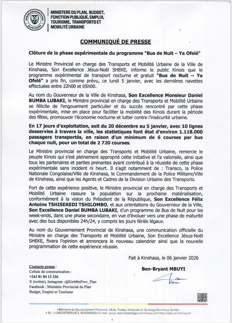 Kinshasa : le Bus de Nuit « Ya Ofelé » boucle une phase pilote réussie