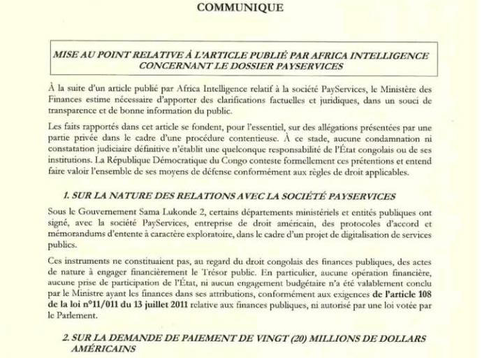 Dossier PayServices : le Gouvernement congolais dément tout engagement financier et rejette les accusations