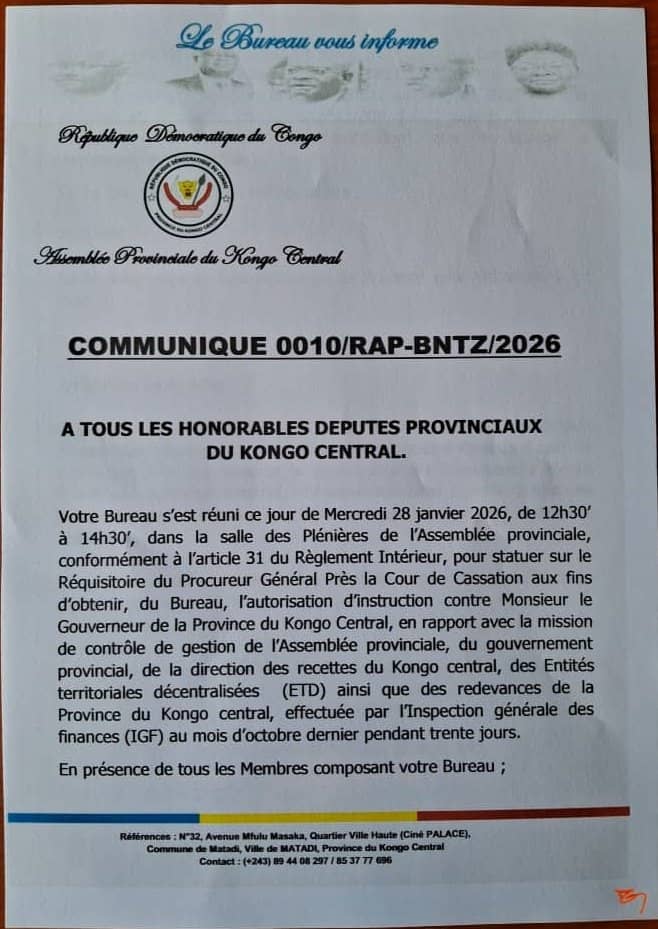 Kongo Central : l’Assemblée provinciale ouvre la voie à une instruction judiciaire contre le gouverneur