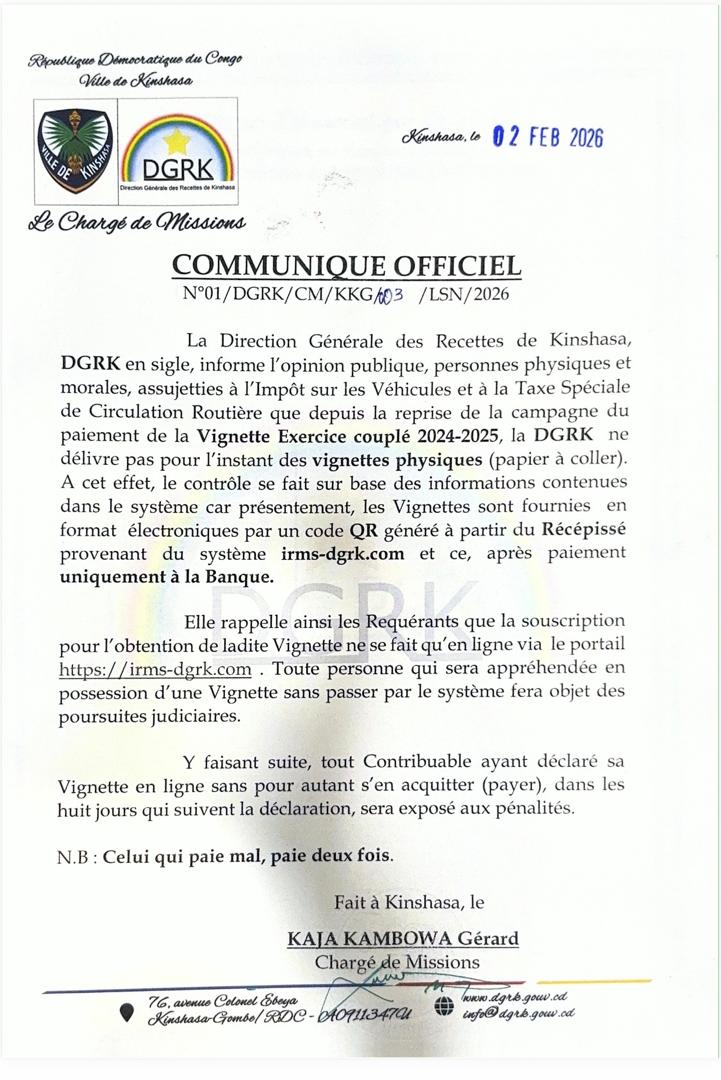 Kinshasa : la vignette automobile 2024-2025 désormais accessible uniquement en ligne