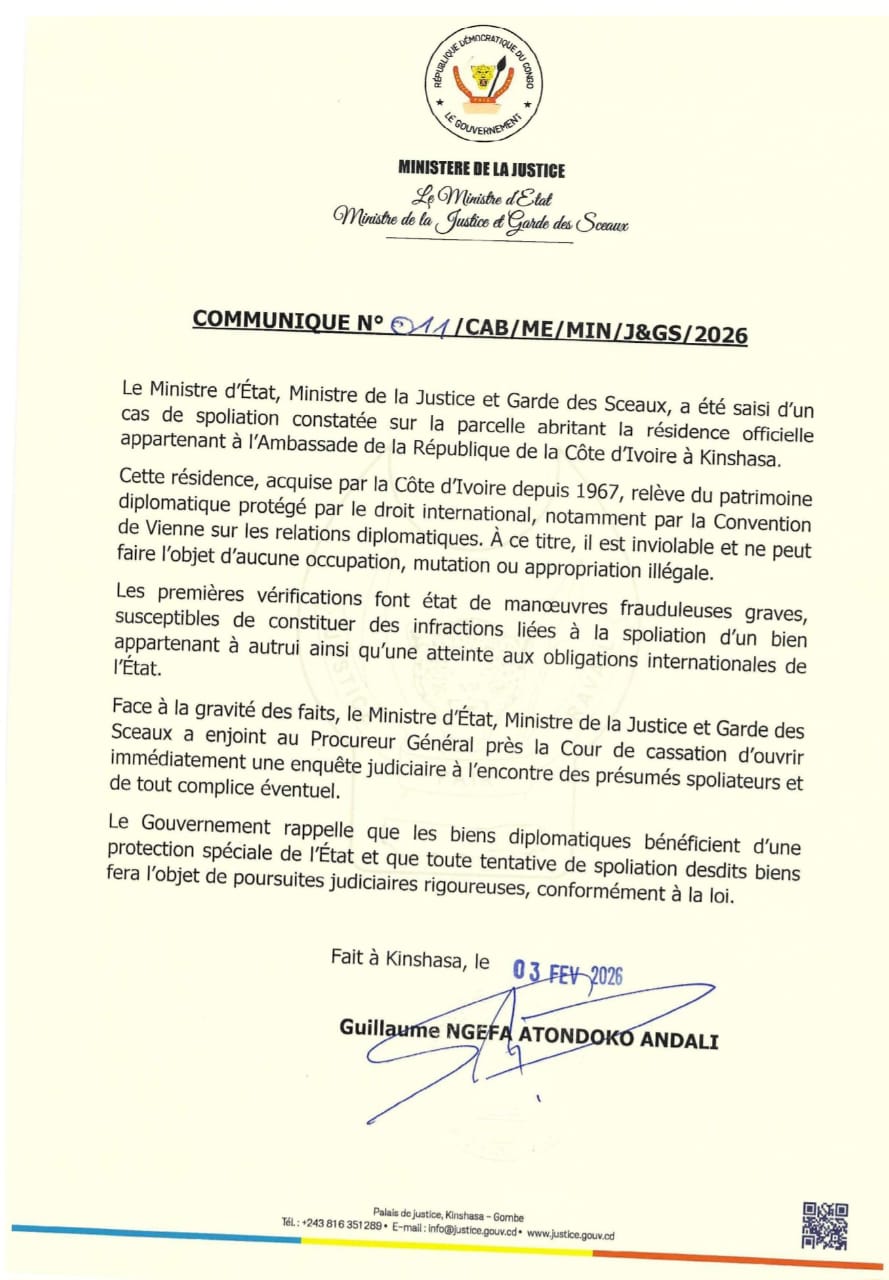 Kinshasa: ouverture d’une enquête après une spoliation visant la résidence de l’Ambassade de Côte d’Ivoire