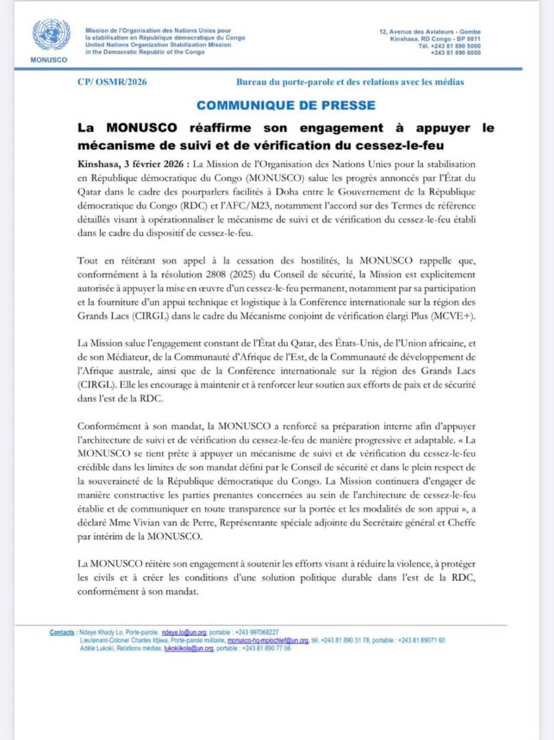 Cessez-le-feu en RDC : la MONUSCO prête à soutenir un mécanisme de vérification crédible