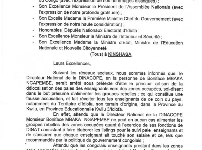 Idiofa: les syndicats des enseignants exigent la libération du patron de la DINACOPE