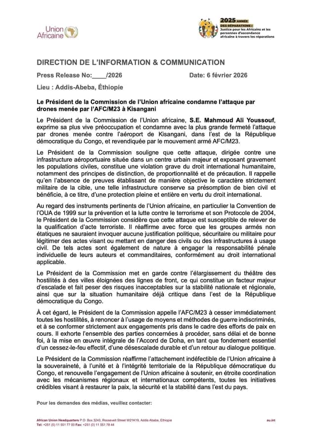 Kisangani : l’Union africaine condamne l’attaque par drones de l’AFC/M23