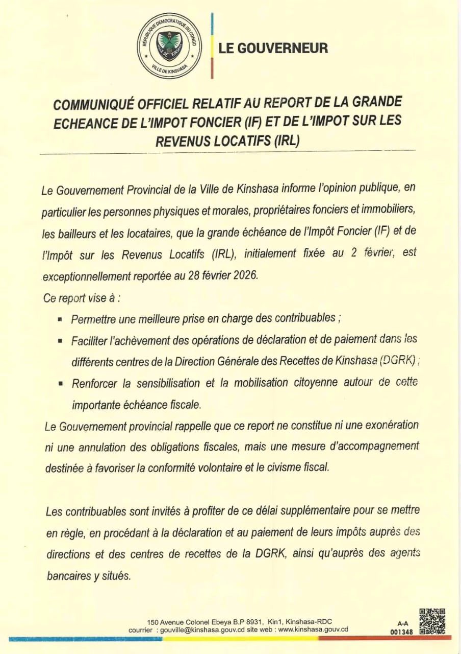 Kinshasa : la grande échéance de l’impôt foncier et des revenus locatifs reportée au 28 février 2026