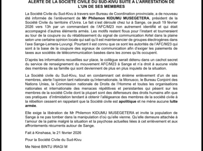 Sud-Kivu : la société civile dénonce l’enlèvement de son représentant à Uvira et exige sa libération