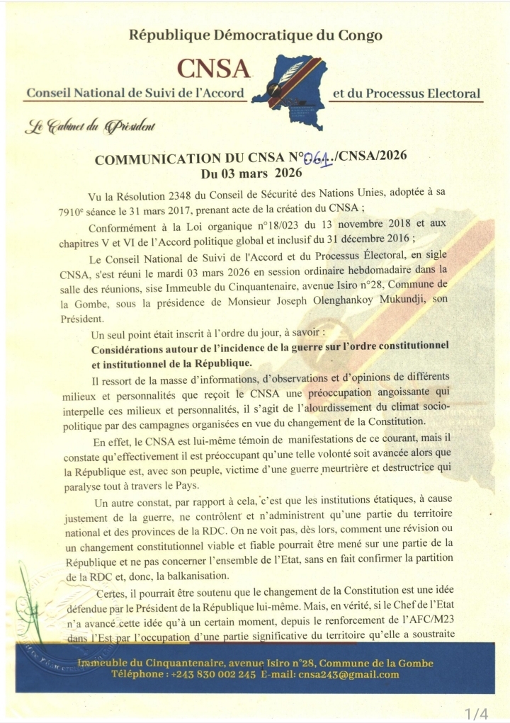 RDC : le CNSA juge inopportune toute révision de la Constitution