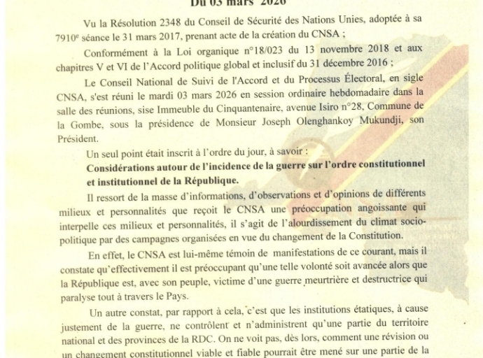 RDC : le CNSA juge inopportune toute révision de la Constitution