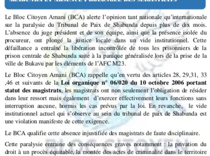 Justice à l’arrêt à Shabunda : une ONG dénonce dix mois de paralysie au Tribunal de paix