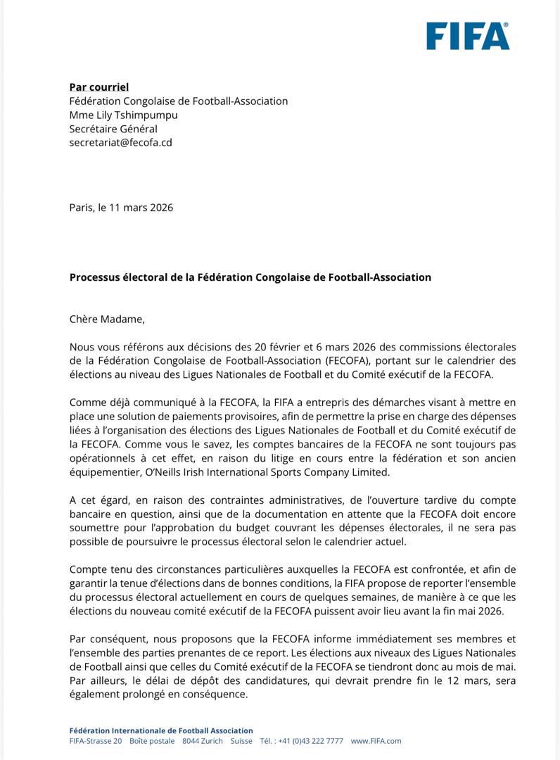 FECOFA : la FIFA décale les élections et reprogramme le scrutin pour mai 2026