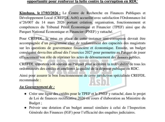 RDC : CREFDL salue la mise en place du Tribunal Pénal Économique et Financier
