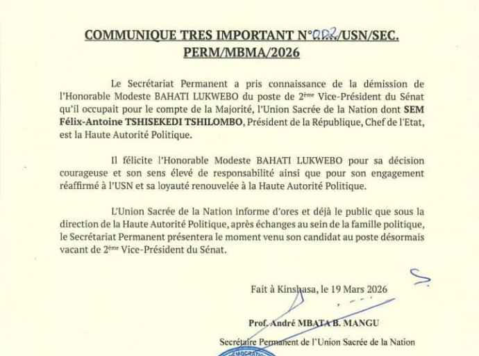 Sénat : l’Union Sacrée rend hommage à la « responsabilité » de Bahati Lukwebo après sa démission