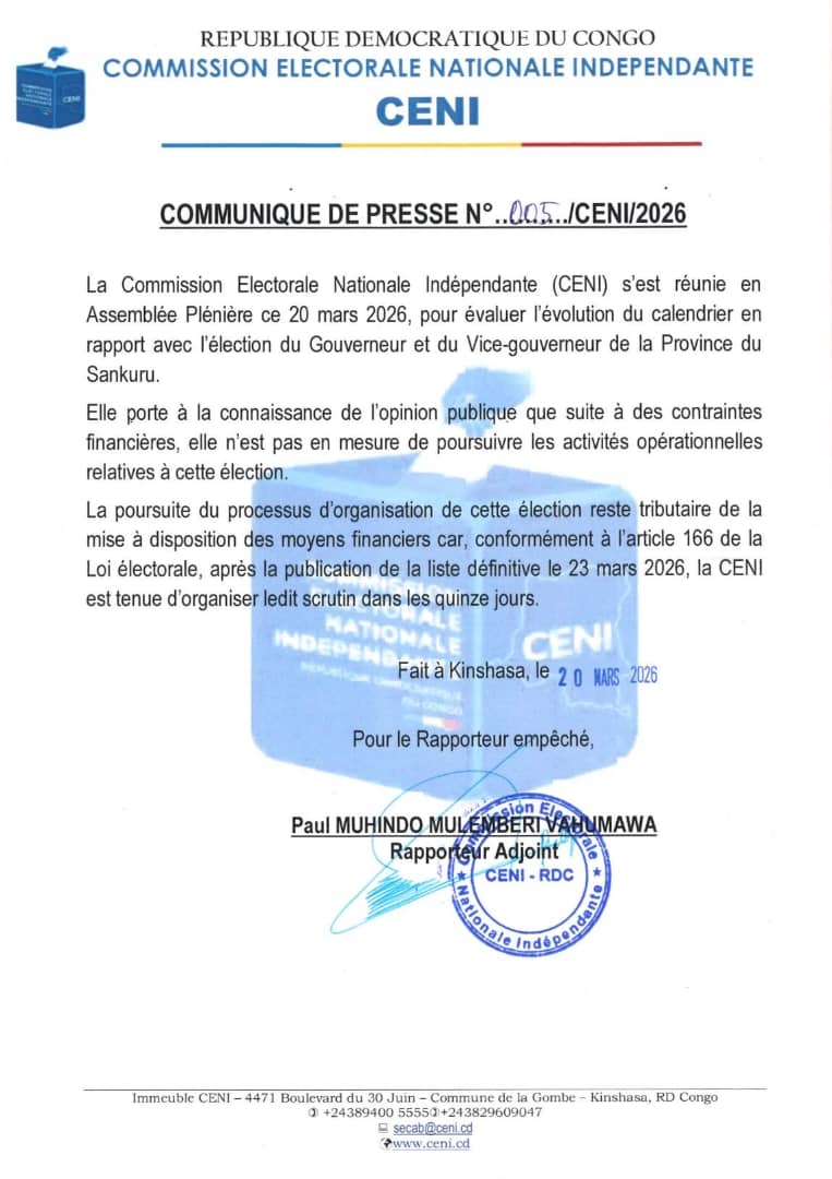 Sankuru : la CENI suspend le processus électoral faute de moyens financiers