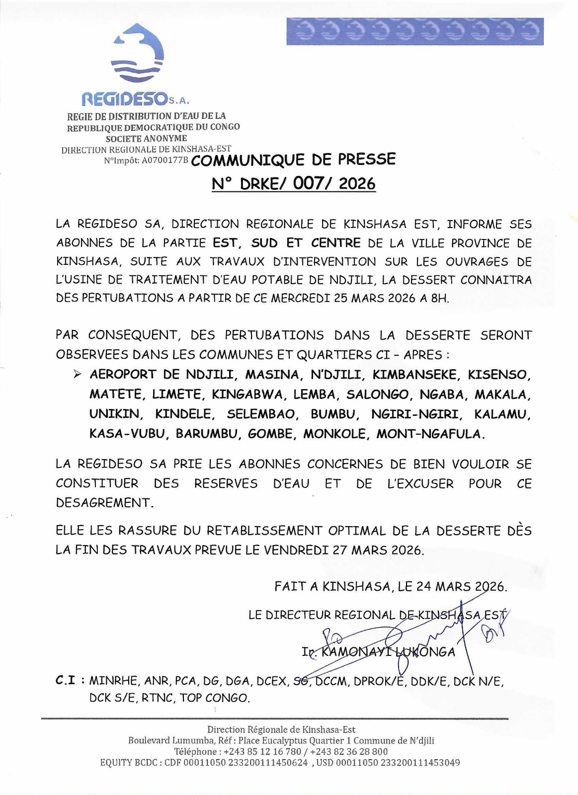 Kinshasa : la Regideso annonce des perturbations d’eau dans plusieurs communes dès ce 25 mars