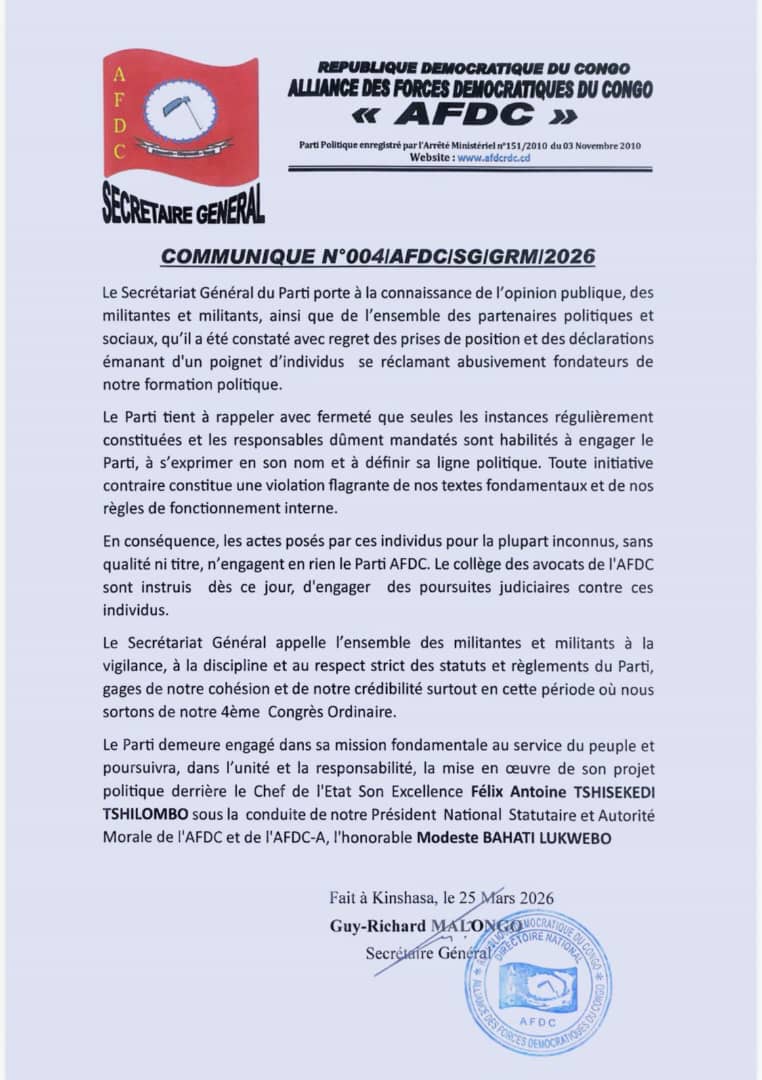 RDC : l’AFDC désavoue des « faux fondateurs » et brandit la menace judiciaire