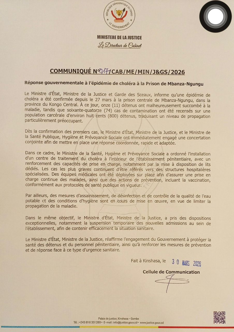RDC : une épidémie de choléra fait des morts dans la prison de Mbanza-Ngungu